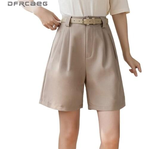 High Waist Loose Wide Leg Capris Shorts Summer 2021 Casual Suit Fabric Bermuda Knee Length Work Office Short Trousers Khaki