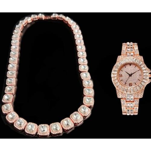 Hip Hop 2pcs Kit Prong 12.5MM Micro Pave Cubic Zircon Alloy Tennis Chain Necklace +Watch+Bracelet Bling For Men Women Jewelry