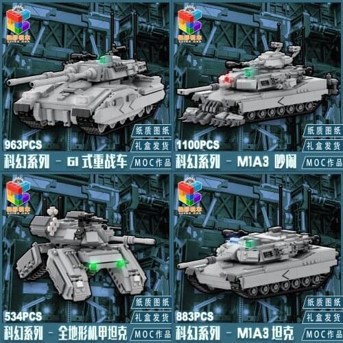 DIY MOC Military 1:35 Gray Type 61 Transformers Noisy Tank Jeep Four Collections Building Block Toys for Children Gifts