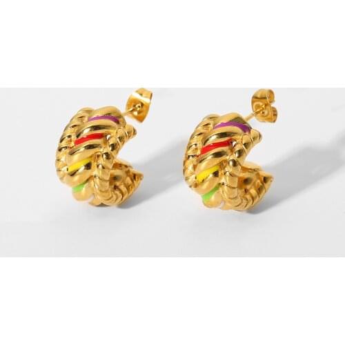 Colorful Dripping Oil Gorgeous Gold Carved Loop Hoops Earrings For Women 18K Gold Plated Stainless Steel C Shape Earrings