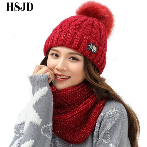 Fashion Sequins Knitted Hats Scarf 2 Pcs Set Womens Winter Hat With Pom pom Thick Warm Skullies Beanies Girl Female Warm Hat