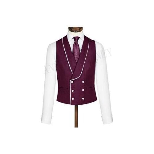 Latest Coat Pant Designs Burgundy Mens Vest Double Breasted Suit Vests Shawl Lapel Waistcoat Slim Fit Sleeveless Coat Tuxedo