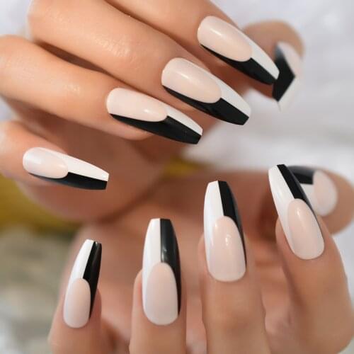 Cruella Half Black And White Full Cover Nails Medium-Long Press On Nails Coffin Supplying With Design Fingernails Art False Nail