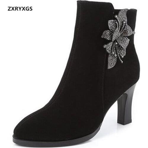 New Autumn Top Full Frosted Cowhide Rhinestone Fashion Boots Thin High Heel Shoes Elegant Pointed Ankle Boots Winter Women Boots