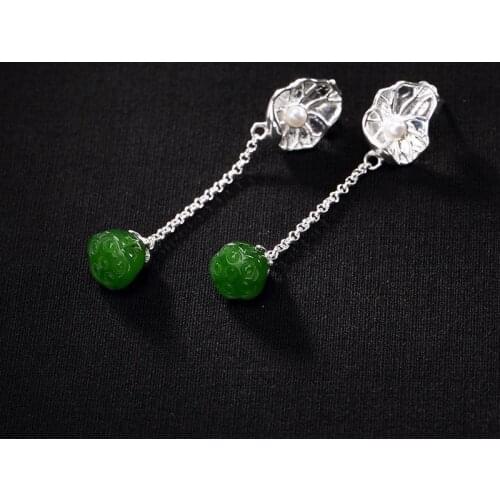 Original design natural Hetian jade jasper lotus pearl tassel earrings Chinese retro light luxury charm womens brand jewelry