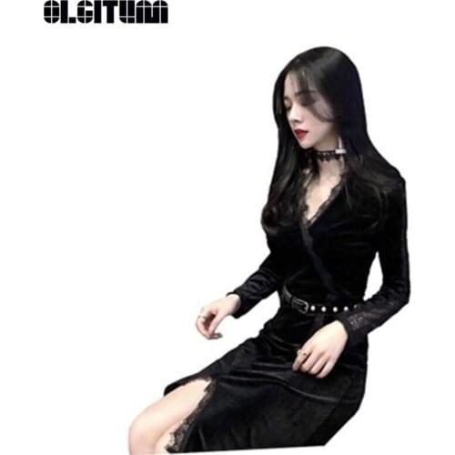 Autumn New Arrival S-XL V-neck Lace Dress Long-sleeved Female 2020 Knee-length Black Velvet Slim Bottoming Vestido