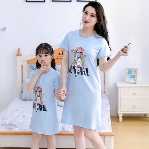 Mother Kids Pajamas Family Matching Clothes Mom Daughter Nightgowns Summer Cotton Night Dress Girls Women Nightwear Sleepshirts