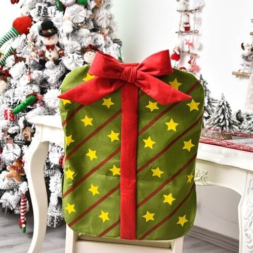 Christmas Chair Back Cover Gift Box Shape Bow Decoration Cute Element Printing Chair Sashes