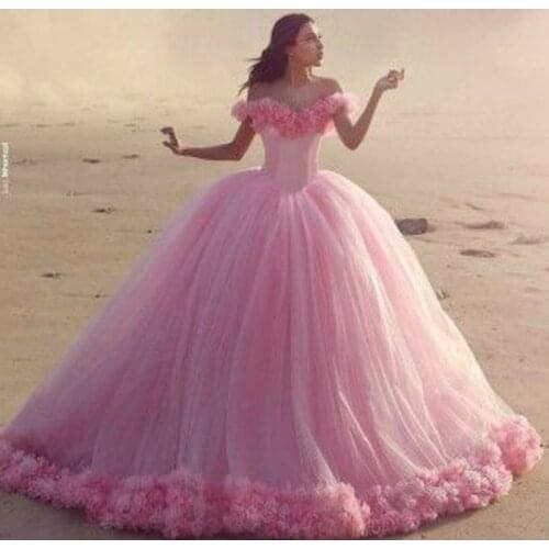 Wedding Dresses Cheap Gorgeous Princess Ball Gown Bridal Gowns 3D Handmade Flowers Off The Shoulder Pink Quinceanera Dress
