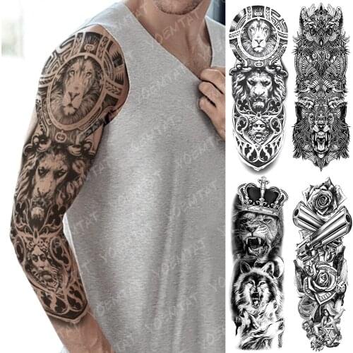 Large Arm Sleeve Tattoo Lion Crown Wolf King Waterproof Temporary Tatto Sticker Rose Clock Warrior Body Art Full Fake Tatoo
