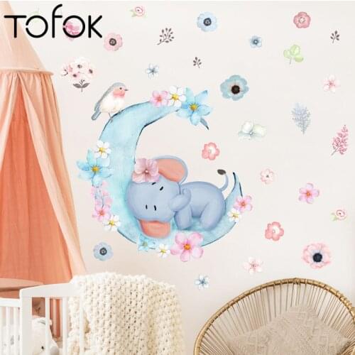 Tofok Cartoon Baby Elephant Lying On The Crescent Moon Wall Sticker Baby Kid Room Nursery Decor Sticker Door Self-adhesive Decal