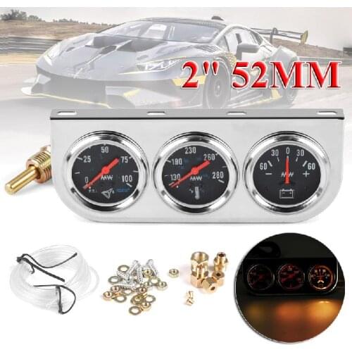 Universal 2inch 52mm Chrome Oil Pressure Water Temp Volt Triple Gauge Set 3 in 1 Car Meter