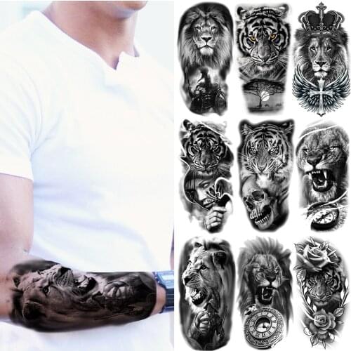 Black Lion Temporary Tattoos For Women Adults Realistic Tiger Knight Skull Crown Compass Fake Tattoo Sticker Forearm Tatoos DIY