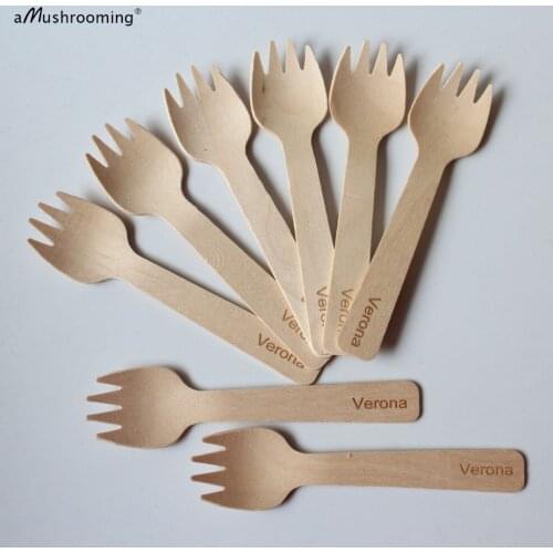 X100 Small Wooden Forks Sporks with Personalized Name Engraved Rustic Vintage Wedding Party Favors Tableware Silverware