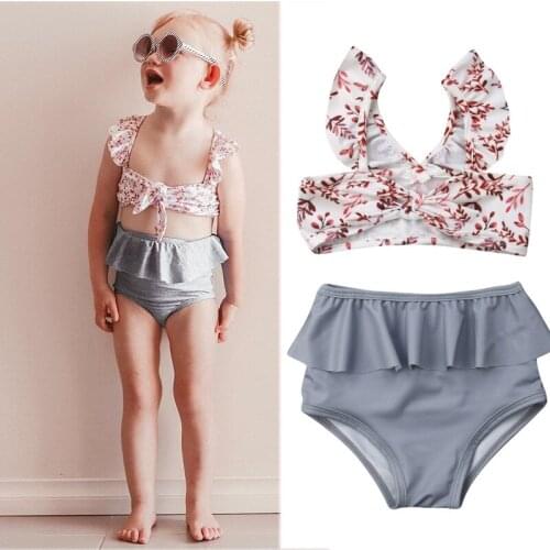 1-5 Years Girls Swimsuits Summer Toddler Baby Girl Leaf Printing Bikini Kid Swimming Suits Tops High Waist Shorts Bikini Set