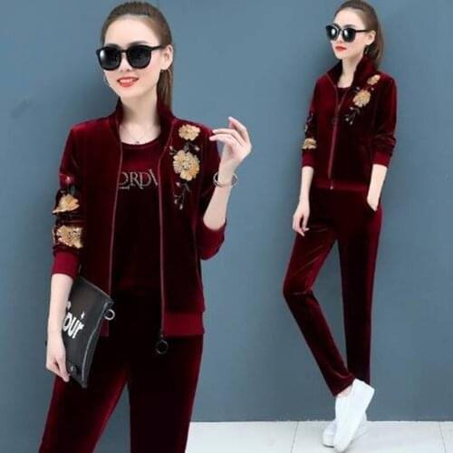 Women Tracksuits 3 Piece Set Velet Zip Crop Top Pants Jacket Embroidery Female Loose Jacket Coat Trousers Plus Size