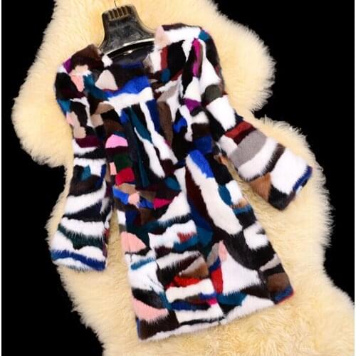 Women Real Mink Fur Colorful Long Coat Female handmade Long Overcoat outwear jacket free shipping JN515