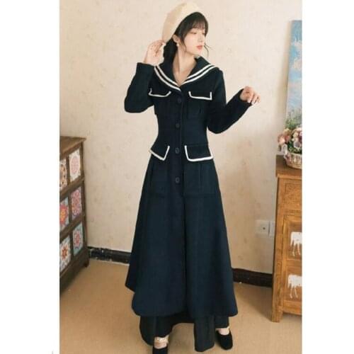 Womens autumn and winter French elegant dress navy collar long sleeve Vestidos Mujer Invierno long thick warm dress