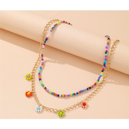 17KM 2 Pcs/Set Boho Multicolor Beaded Necklaces For Women Bohemian Gold Color Metal Chain Handmade Beads Flower Necklace Jewelry