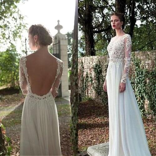 Sexy Backless Long Sleeve Wedding Dress Lace Floor Length Appliques Bridal Gowns Classic Vestidos de Novia