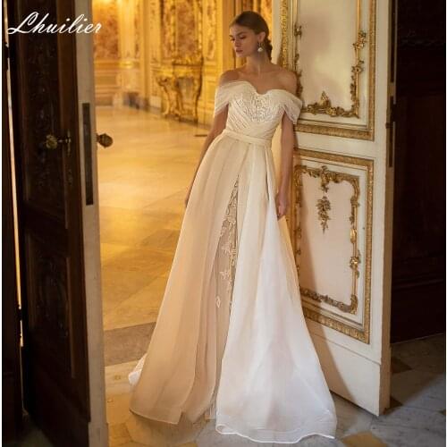 Lhuilier Womens A-line Off the Shoulder Wedding Dresses 2021 Floor Length Pleated Lace Appliques Bridal Gowns with Belt