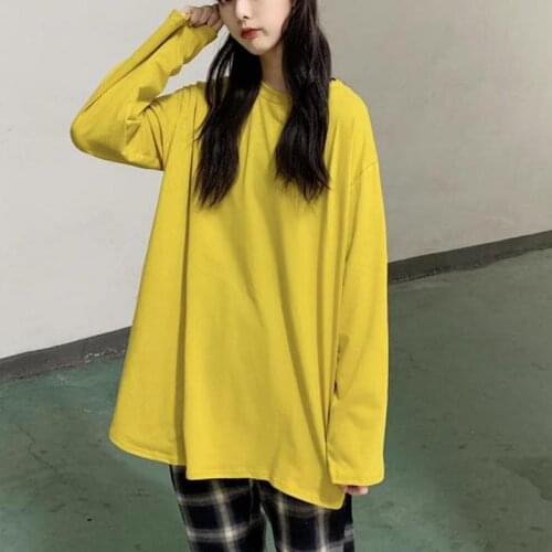 Zuolunouba 2019 New Spring And Autumn Casual Loose Tees Tops O-neck Long Sleeve Women T-shirts Yellow