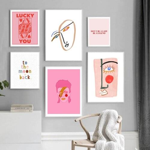 Nordic Abstract Poster Line Face Canvas Painting Wall Art Pink Style Letter Lucky You Pictures For Living Room Modern Decorative