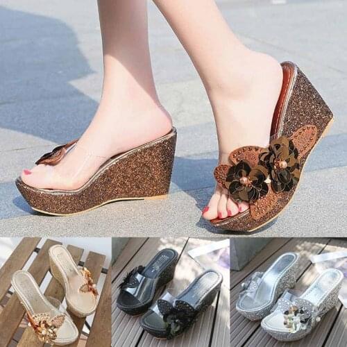 Dropshipping Fashion Women Summer Rhinestone Sequins Sandals Roman Wedges Casual Beach Shoes Casual Floral Princess Sandals