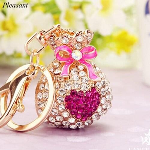 Chinese Style Love Crystal Lucky Bag Keychain Female Creative Bag Pendant Metal Key Ring Exquisite Gift