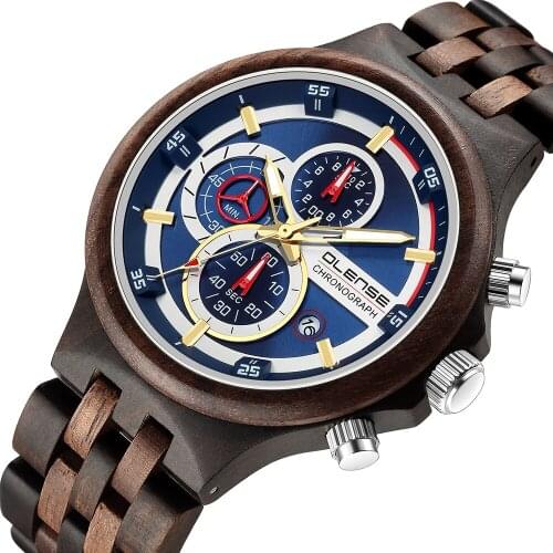 Top Brand OLENSE Men Watches Fashion Sport Wood Watch Mens Luxury Date Quartz Chronograph Luminous Hands Clock + Gift Box Tool