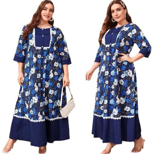 Ethnic Vintage Flower Printed Muslim Long Dress Arab Abaya Plus Size O-neck Half Sleeve Loose Maxi Robe Ramadan Dubai New