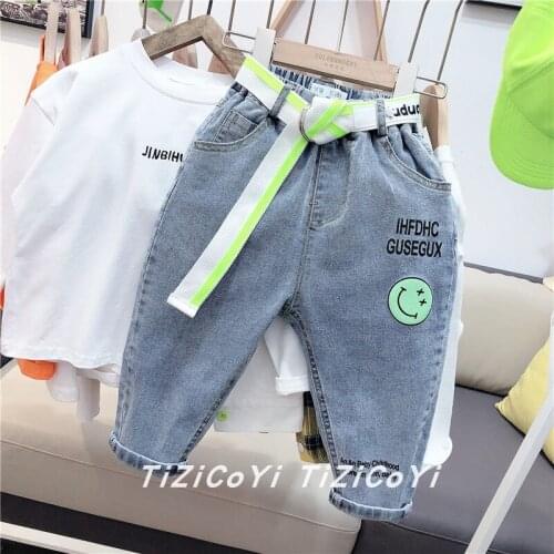Toddler Boys Jeans Pants 2021 Spring New Kids Casual Loose Denim Pants Korean Letters Smiley Print Jeans Trousers for Boy Child
