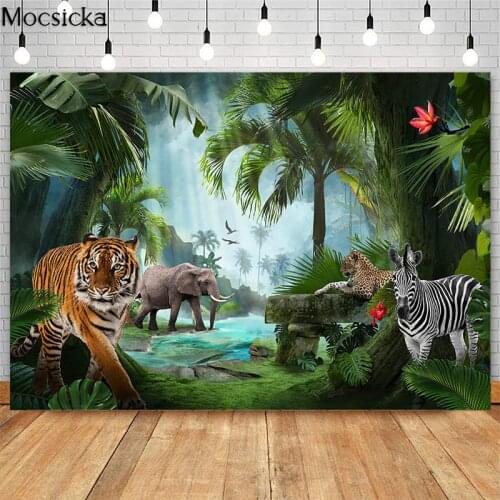 Wild Safari Backdrop Jungle Animal Birthday Photo Props Studio Booth Background Tiger Elephant Cake Smash Photoshoot Banner