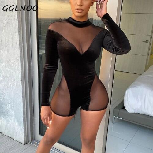 GGLNOO Mesh Velour Sexy Rompers See Through Long Sleeve Women Bodycon Skinny Night Clubwear Party Palysuits Black Hollow Out