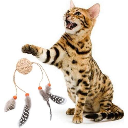 Pet Cat Vine Ball Belt Feather Toy Ball Colorful Bead Plus Feathers Cat Toy Self-excited Interactive Toy L