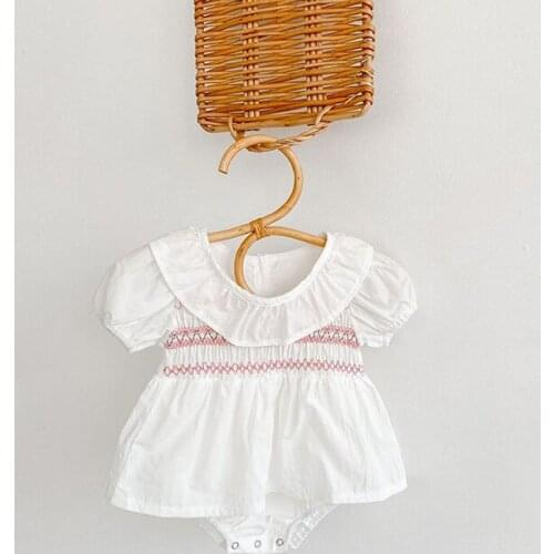 Summer Custom Puff Sleeve Flower Embroidered Romper Dress Pleated Ruffled Collar Girls Summer Toddler Baby Girls' Rompers White