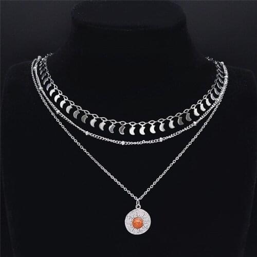 3PCS Boho Sandstone Stainless Steel Charm Necklace Silver Color Layered Necklace Jewelry collier acier inoxydable NXS04