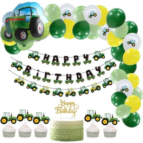 Farm Green Theme Happy Birthday Banner Latex Balloon Tractor Engineering Vehicle Childrens Birthday Party Decoration Balloon