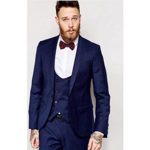 Jacket+Pants+vest) Navy Blue 3 Pieces Wedding Suits for Men Single Breasted Groom Tuxedos Business Formal Suit Mens Suits