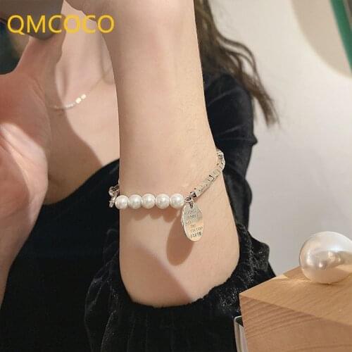 QMCOCO 925 Silver Pearl Letter Square Bracelet Classic Luxury Jewelry For Women Couples New Trendy Elegant Wedding Bride Gifts