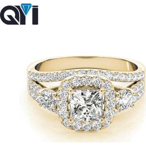 QYI Engagement For Women Classic Luxury Real Solid 14k Yellow gold Ring Cushion Cut Zircon Wedding Jewelry Rings