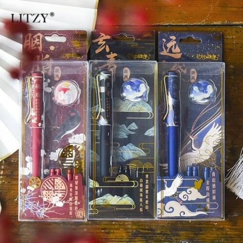 LITZY 5pcs Retro Fountain Pen Chinese Style Calligraphy Pen EP Nib Blue Ink Sac Fountain Pens School Office Stationery Supplies