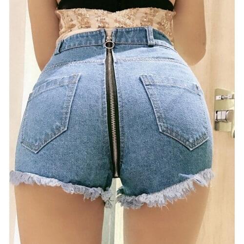 Push Hip Up Sexy High Waist Denim Booty Shorts Tassel Moustache Jeans Woman Behind Zipper Open Butt Micro Mini Short Clubwear