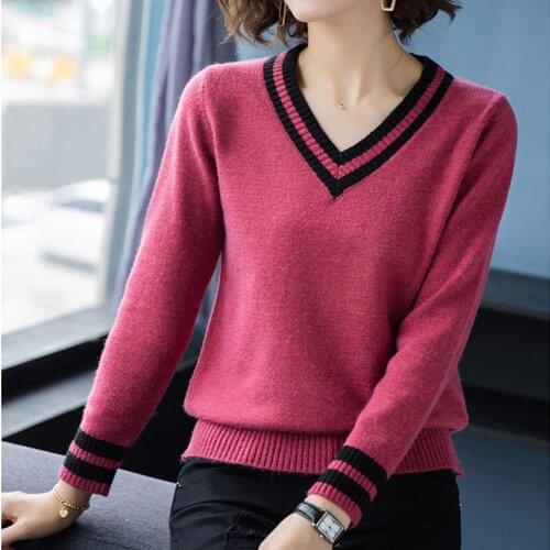 Slim V-Neck Stripe Knitted Pullovers Women Casual Ribbed Patchwork Sweaters Female Large Size Korean Style Knitwear Tops Mujer