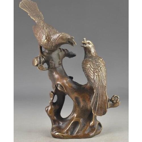 Garden Decoration Tibetan silver Pure Signed CHINESE BRASS HANDWORK HAMMERED OLD TWO BIRDS TREE VIVID WONDERFUL STATUE DECOR