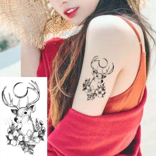 Waterproof Temporary Tattoo Sticker Deer Moon Flower Pattern Body Art Small Size Flash Tatoo Fake Tatto for Kids Men Women