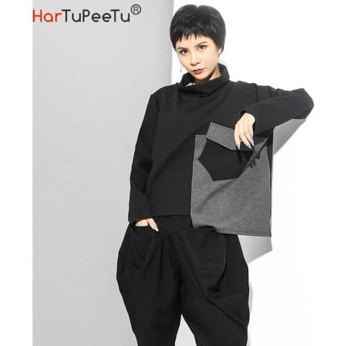 2020 Autumn Oversized Hoodie Women Long Sleeve Loose Casual Black Patchwork Gray Turtleneck Irregular Basic Tops with Pocket