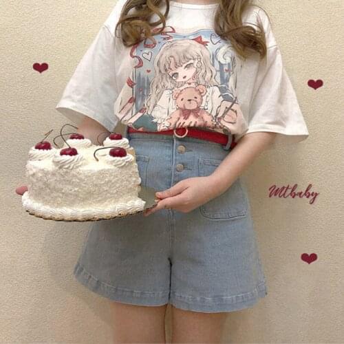 Printed T-shirts For Women Cute Comic Girls Graphic Round Neck Short Sleeve T-shirt Kawaii Japanese Chic Harajuku Tops