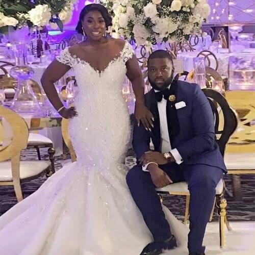 Short Sleeves Mermaid Long Wedding Dress 2021 Lace Appliques Beaded Sheer Tulle Boho Bridal Dresses Dubai Africa Wedding Gowns