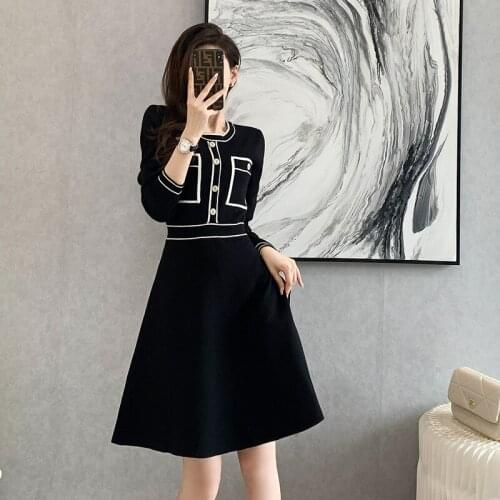 Black Dress Women New Autumn Winter 2021 Slim A-line Long Sleeve Knitted Dress Elegant Lady Casual Bottom Sweater Vestidos